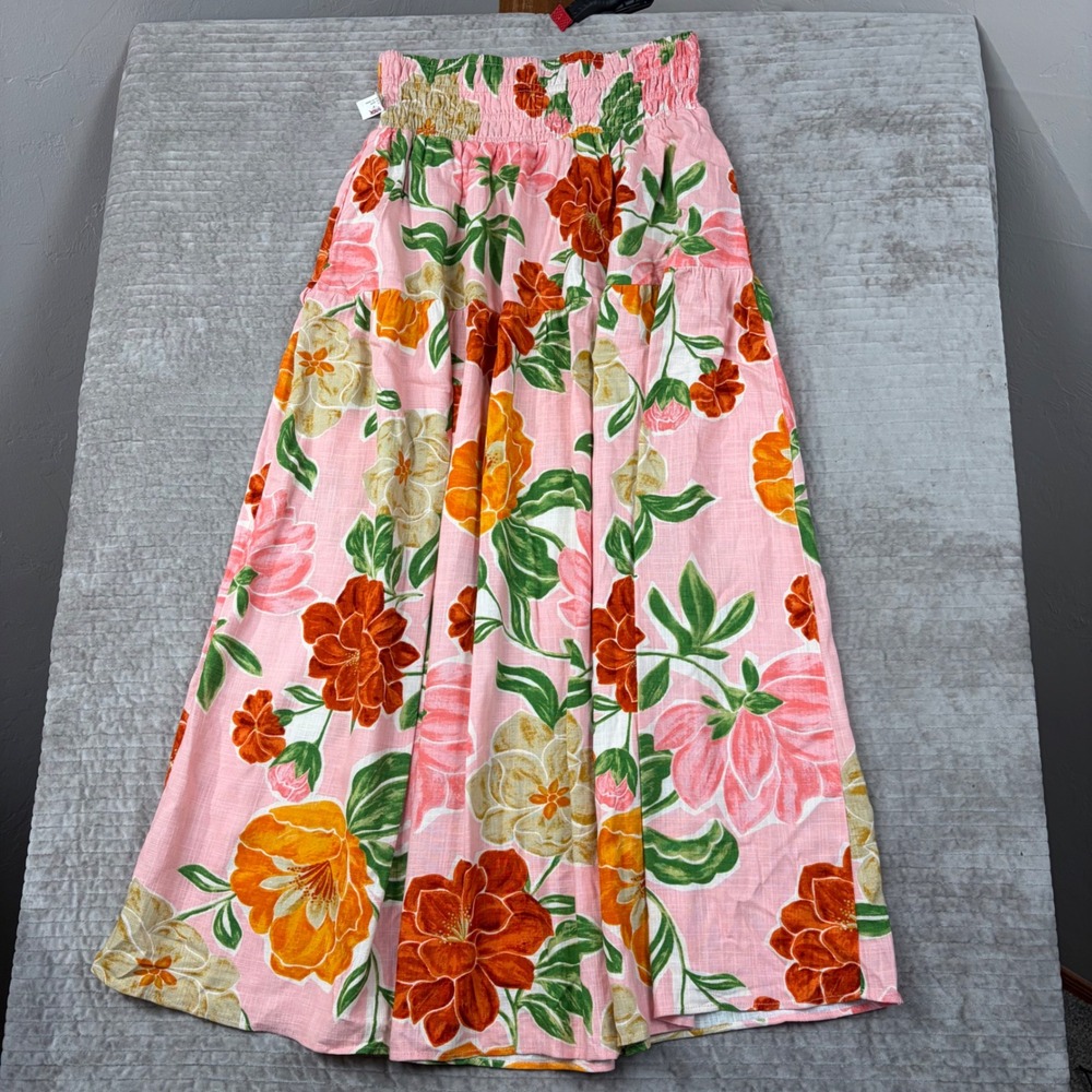 Paper Heart Floral Maxi Skirt XL Pink Linen Blend Smocked Tiered Boho Tropical - Picture 8 of 8